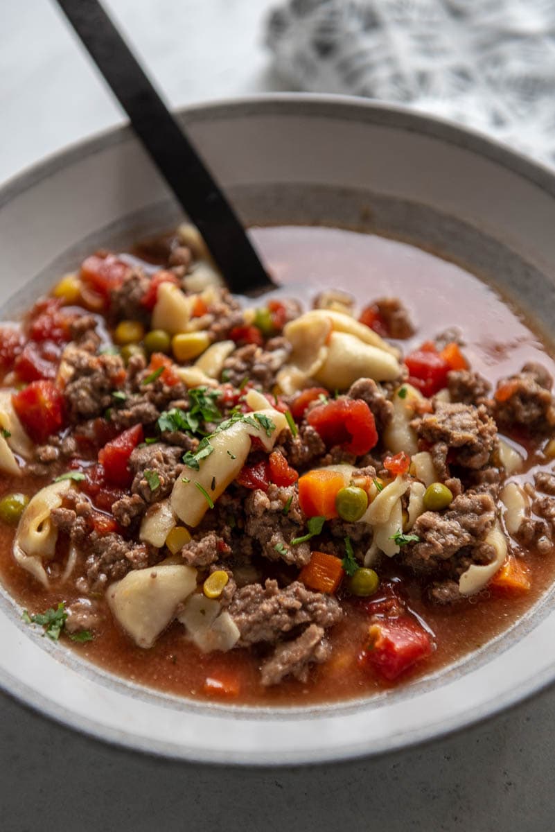 bowl with vegetable beef soup