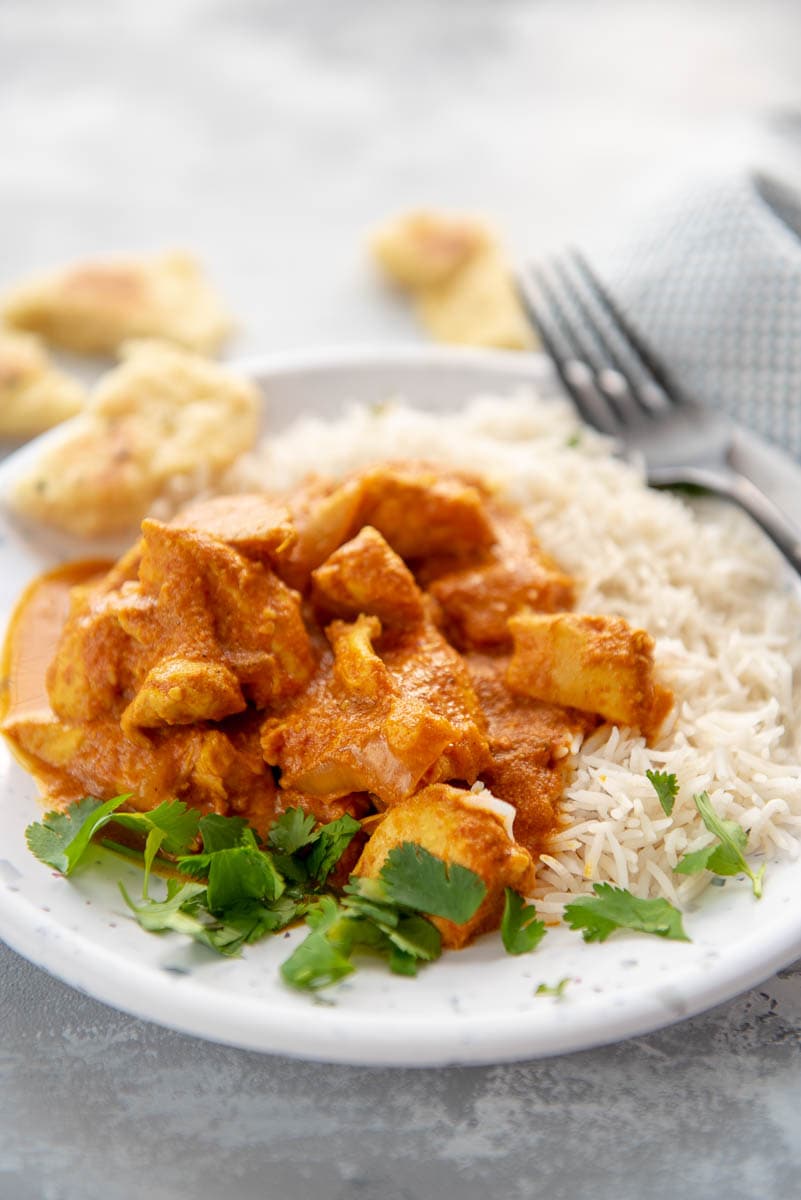 butter chicken with rice on a white plate 