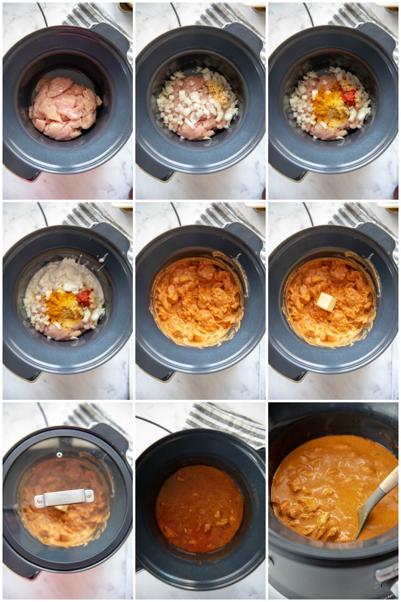 collage of all steps for making slow cooker butter chicken