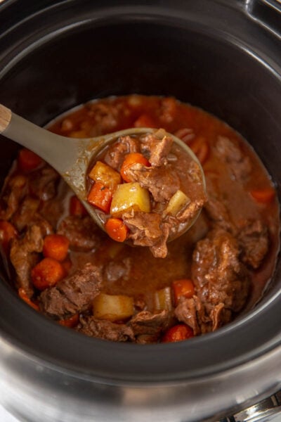 slow cooker with ladle full of beef stew