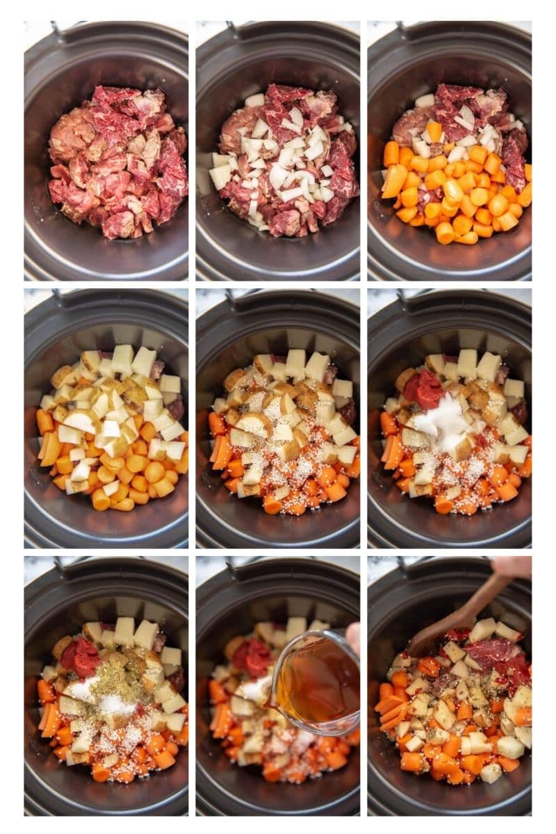 step by step collage of adding beef stew ingredients to slow cooker