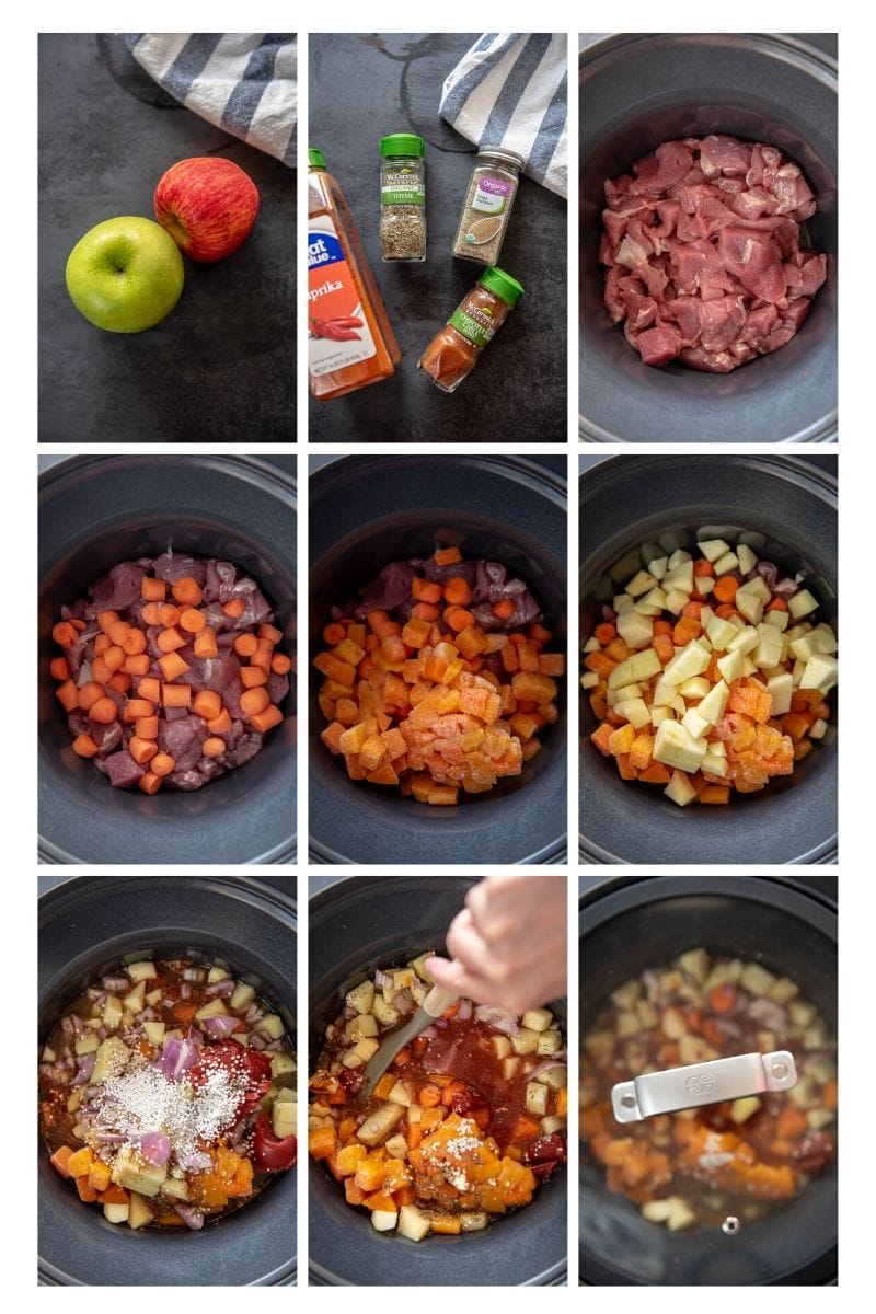 step by step of preparing pork stew in slow cooker