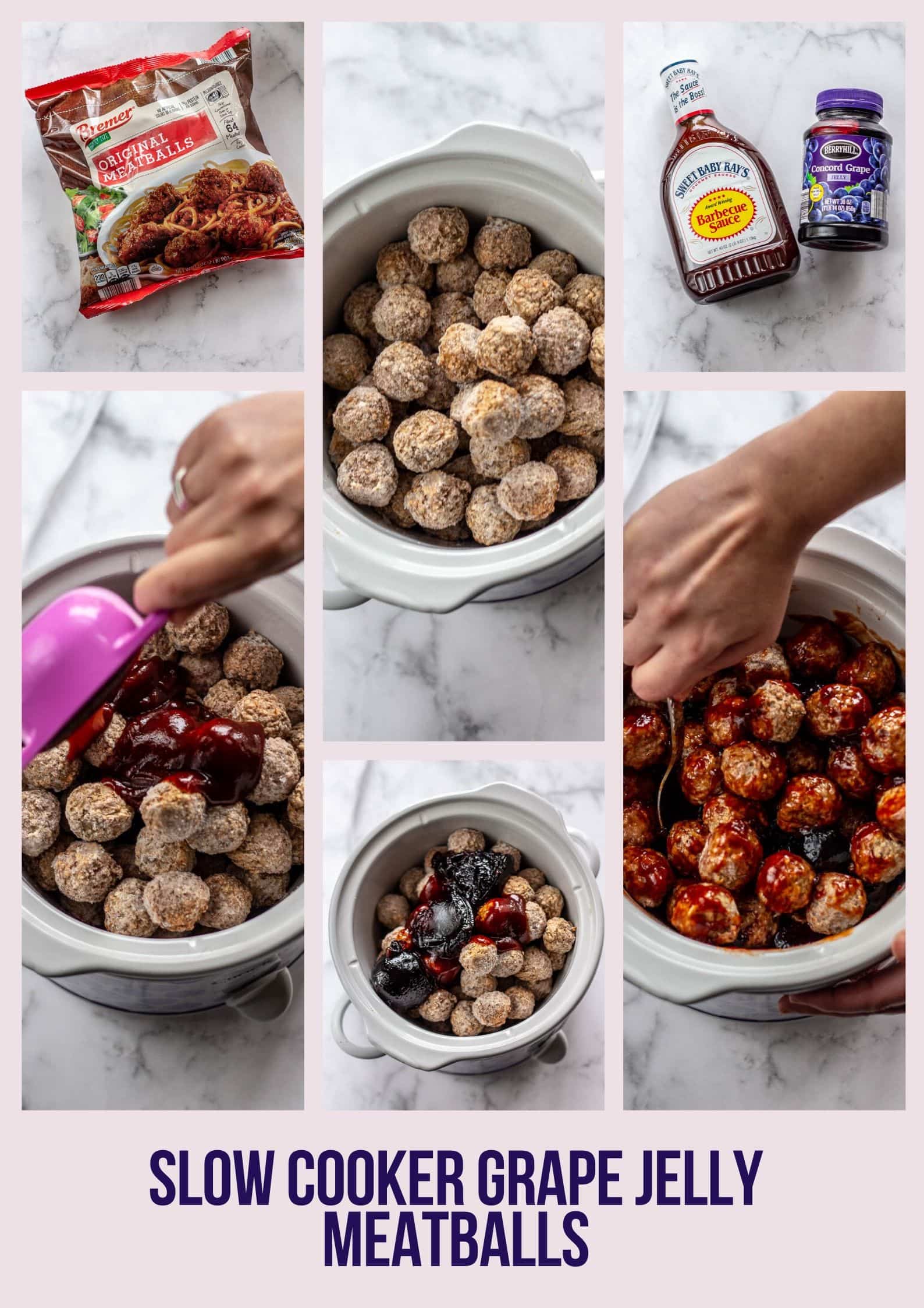 collage of steps to make slow cooker grape jelly meatballs