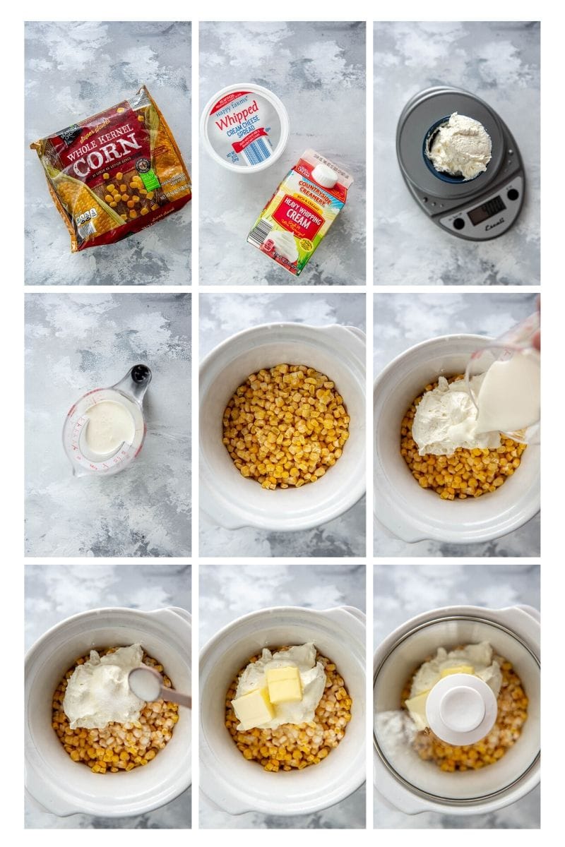 collage of slow cooker creamed corn step by step instructions