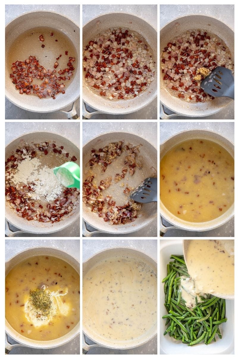 step by step collage making sauce for green bean casserole in skillet