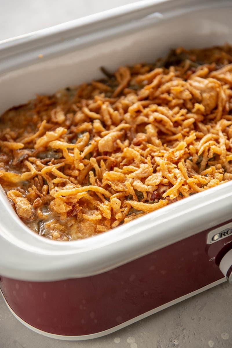 overhead view of green beans in slow cooker casserole
