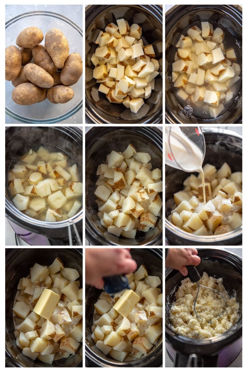 step by step photo collage making mashed potatoes in a slow cooker