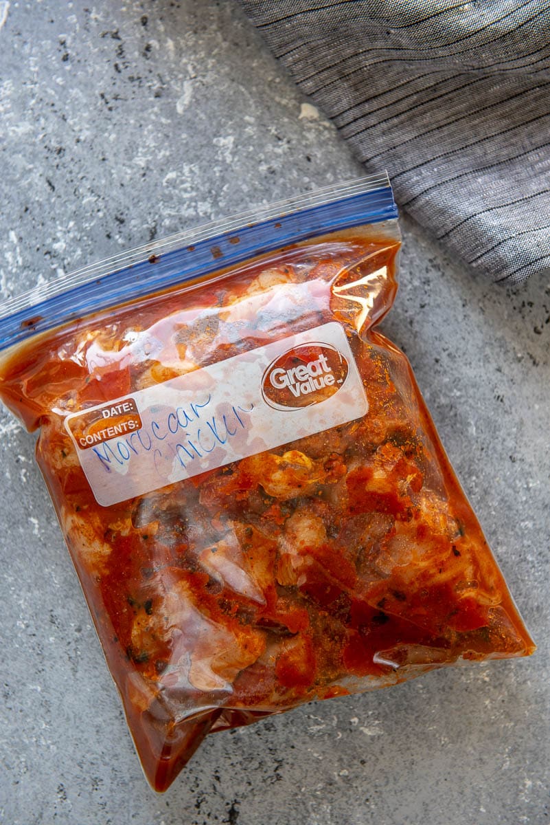 freezer bag of moroccan chicken with tomatoes