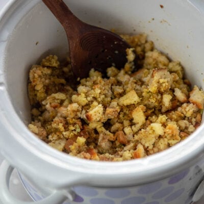 stuffing in a round white slow cooker