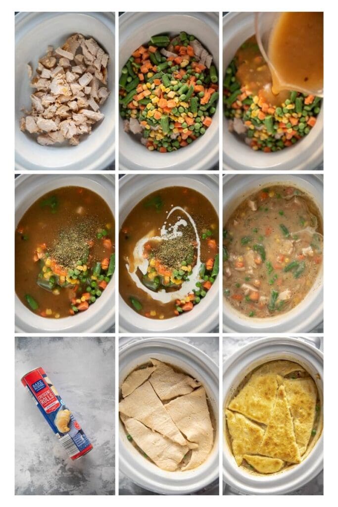 photo collage of steps to make slow cooker turkey pot pie