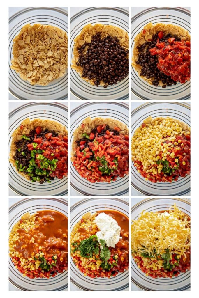 collage of step by step photos assembling taco casserole in slow cooker