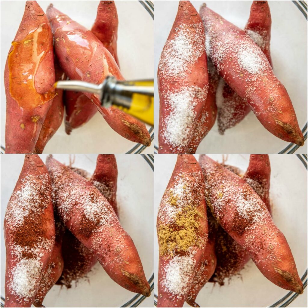 collage of adding seasoning to sweet potatoes