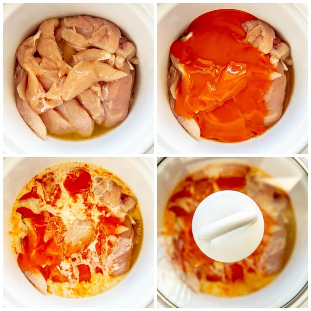 step by step adding ingredients to slow cooker for buffalo chicken