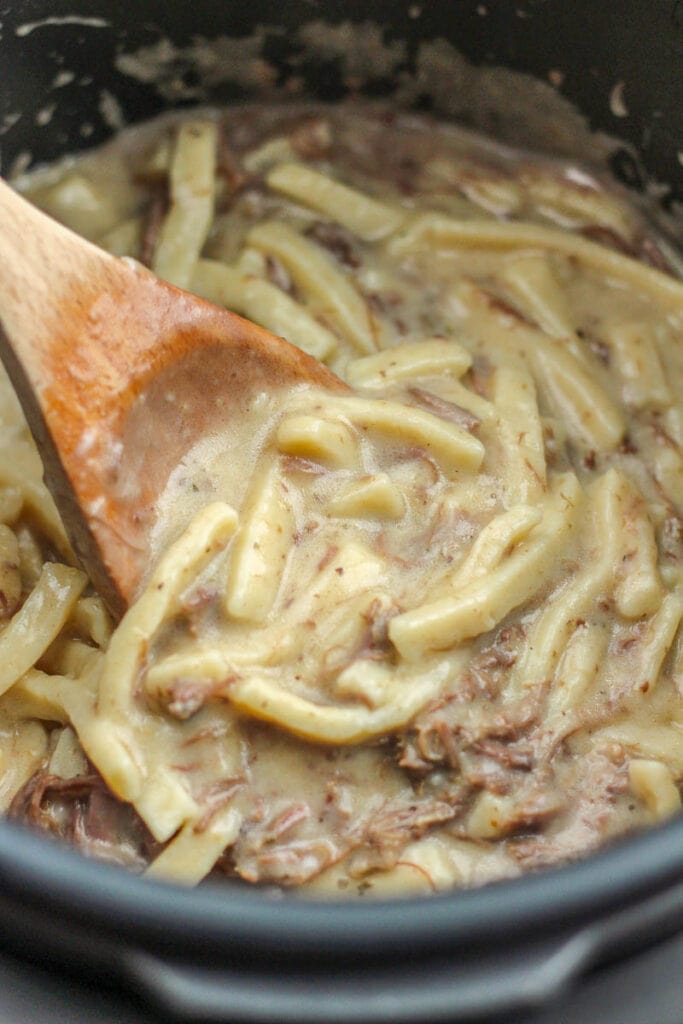 cooked beef and noodles in instant pot