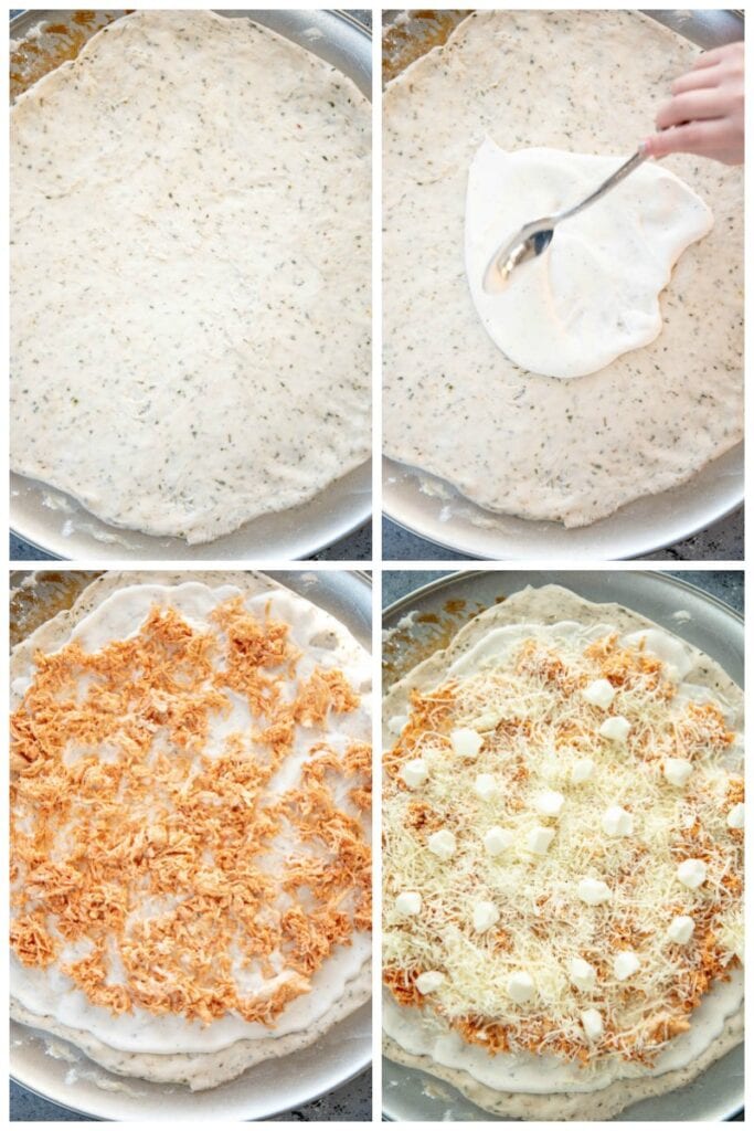 adding toppings to pizza crust for buffalo chicken pizza