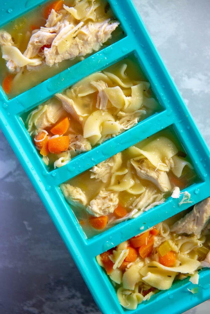 leftover chicken noodle soup in souper cubes to freeze