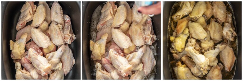 collage of making chicken wings with beer in slow cooker