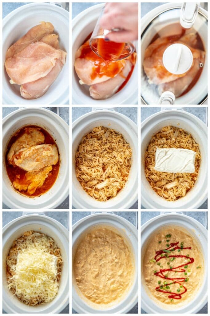 step by step collage making sriracha chicken dip in slow cooker