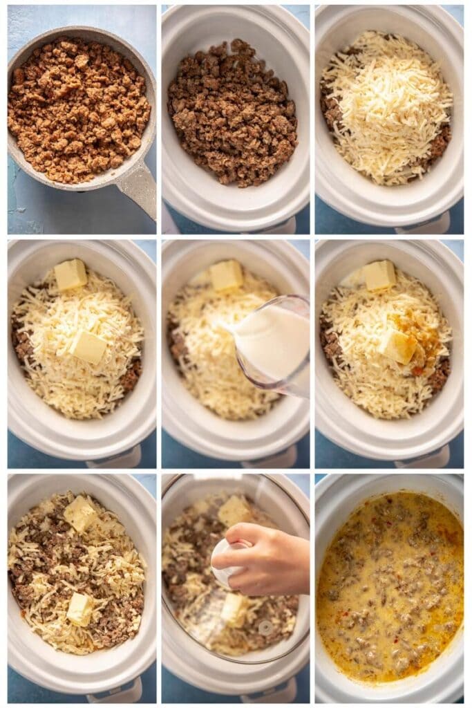 step by step collage of preparing sausage cheese dip in mini casserole slow cooker
