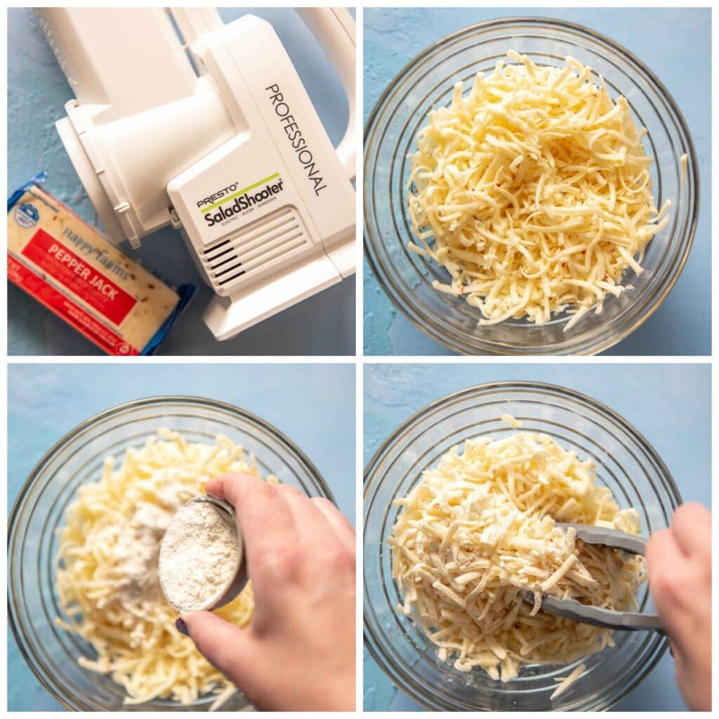 collage of shredded cheese and preparing for sausage cheese dip