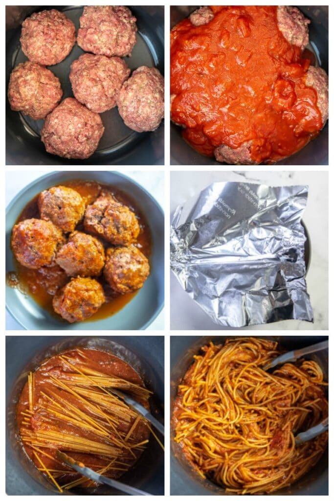 step by step collage making meatballs and spaghetti in slow cooker