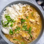 chicken chili verde in large gray bowl with rice and cilantro