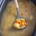 ladle of chicken stew in slow cooker