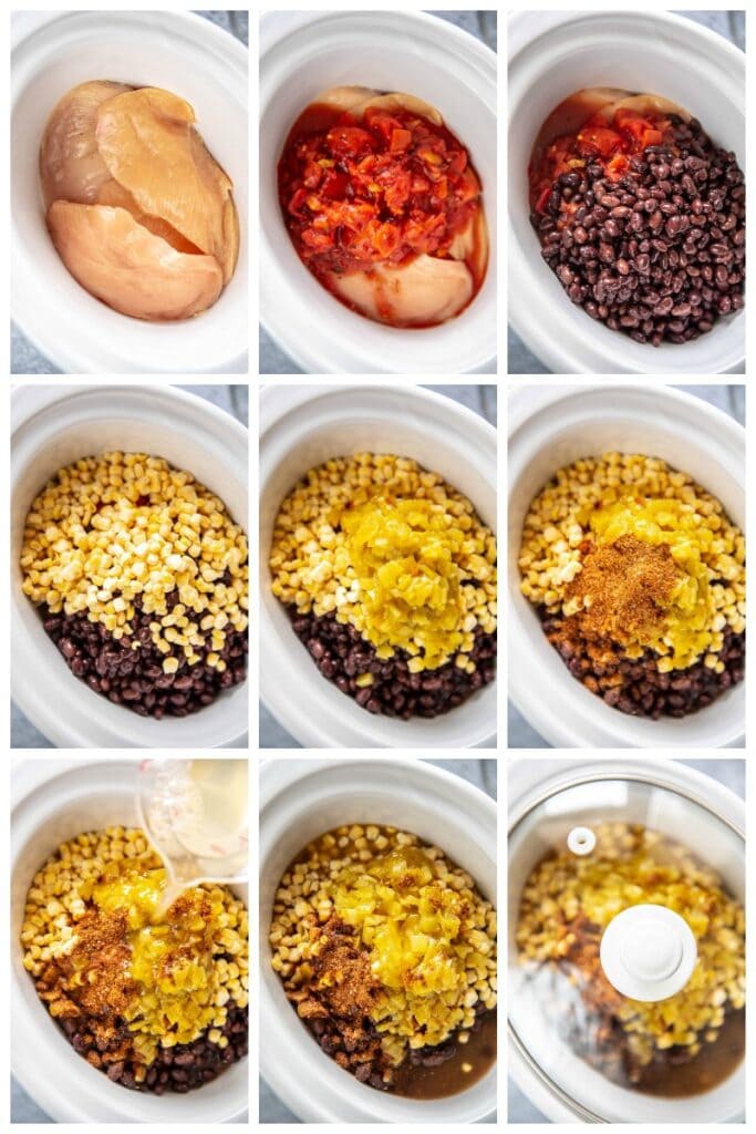 step by step collage of making slow cooker mexican chicken