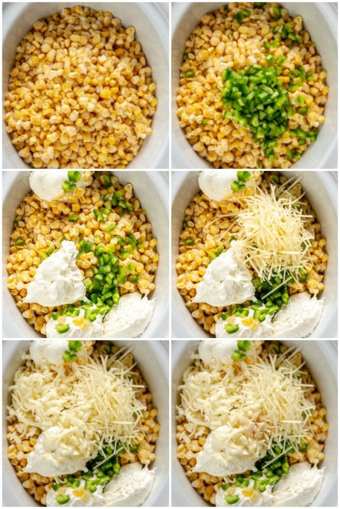 overhead collage showing each step of adding ingredients into slow cooker