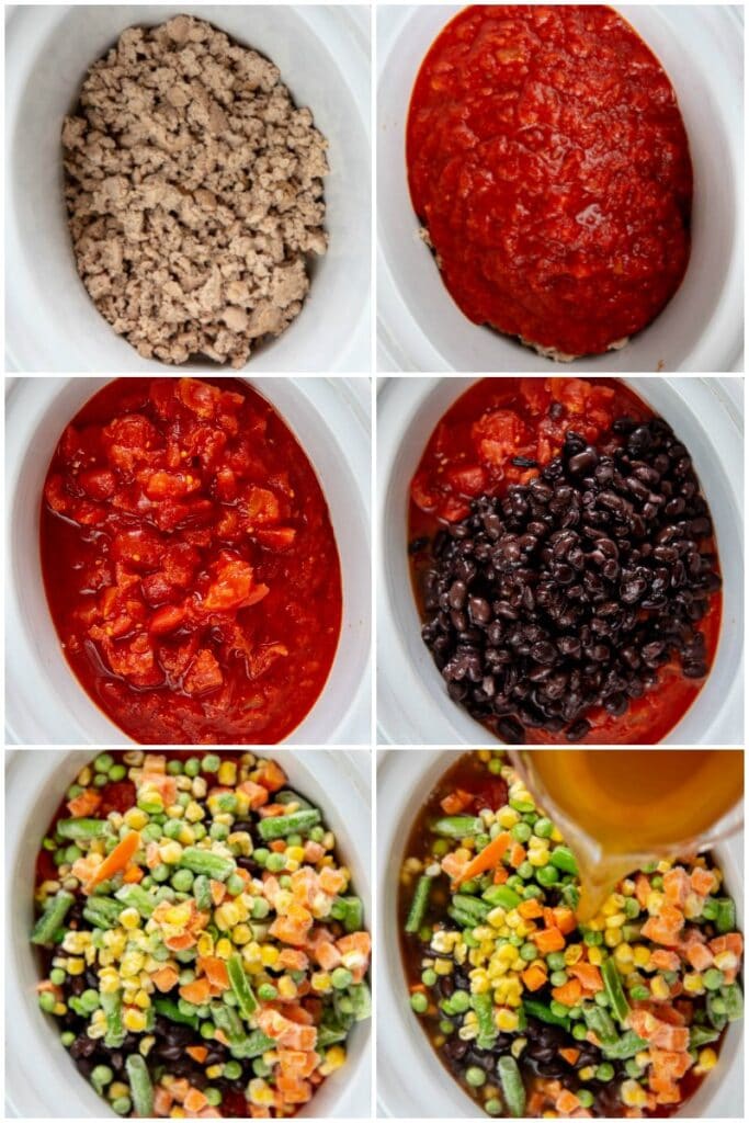 step by step photo collage adding ingredients to slow cooker for turkey soup