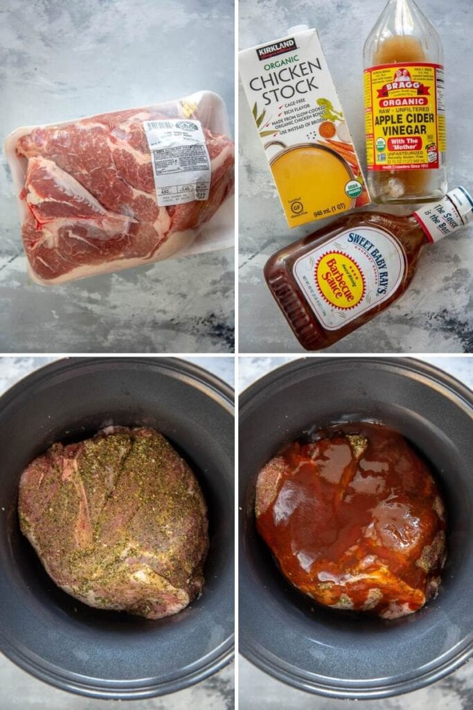 3 step collage of pork, sauce and adding to slow cooker