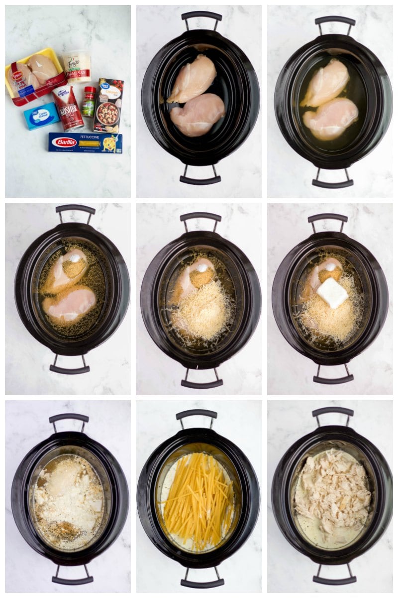 ingredients and step by step chicken alfredo in slow cooker
