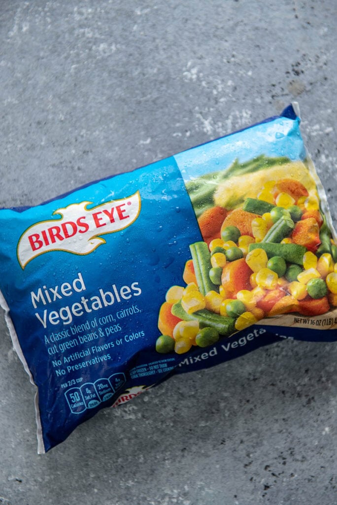 blue bag of frozen Birds Eye Mixed vegetables