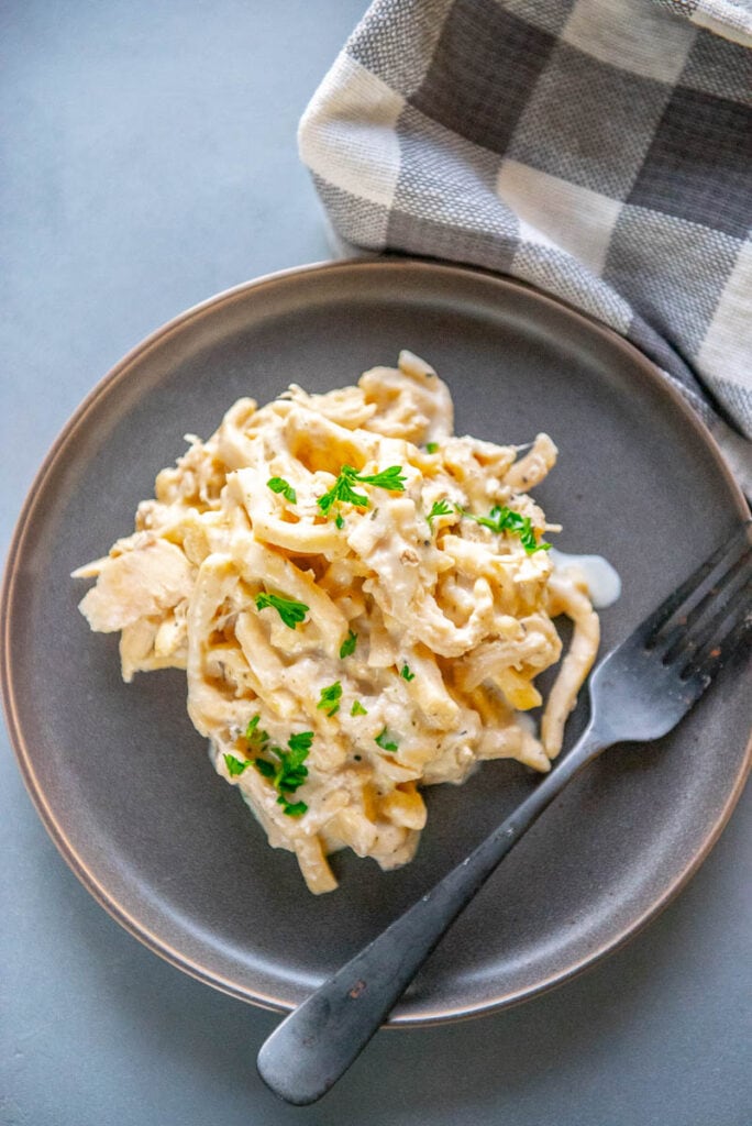 chicken and noodles topped with parsley on a gray plate