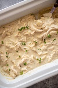 casserole slow cooker filled with chicken and noodles