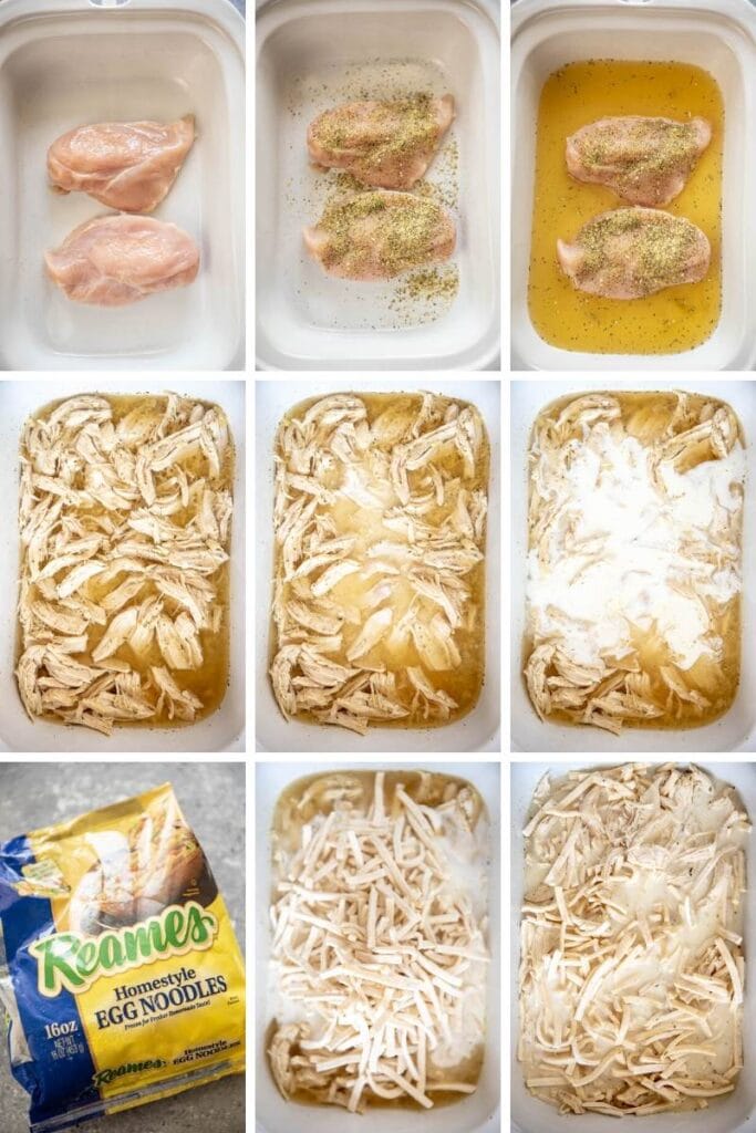 step by step collage preparing chicken and noodles in casserole slow cooker