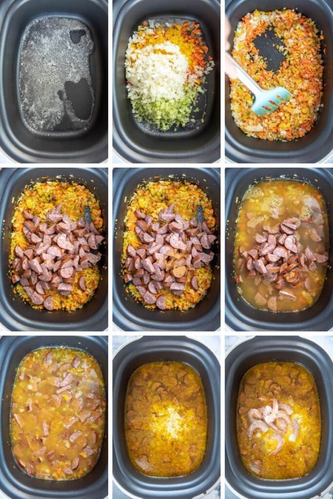 step by step collage of making slow cooker gumbo