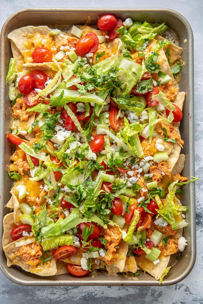 buffalo chicken nachos with blue cheese crumbles