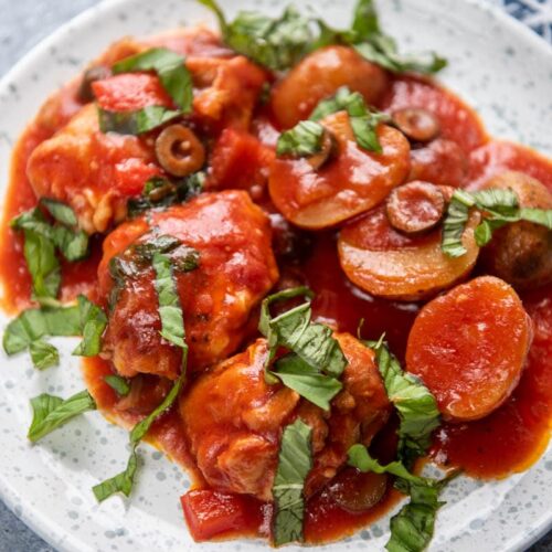 chicken cacciatore on a white plate