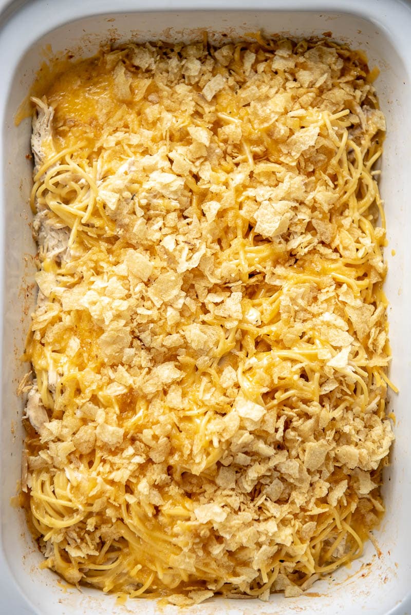 chicken noodle casserole in a white slow cooker