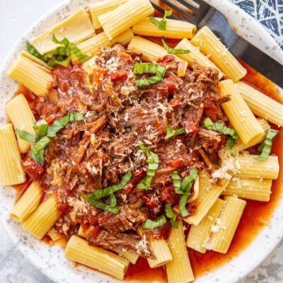 beef ragu on a white plate with a fork