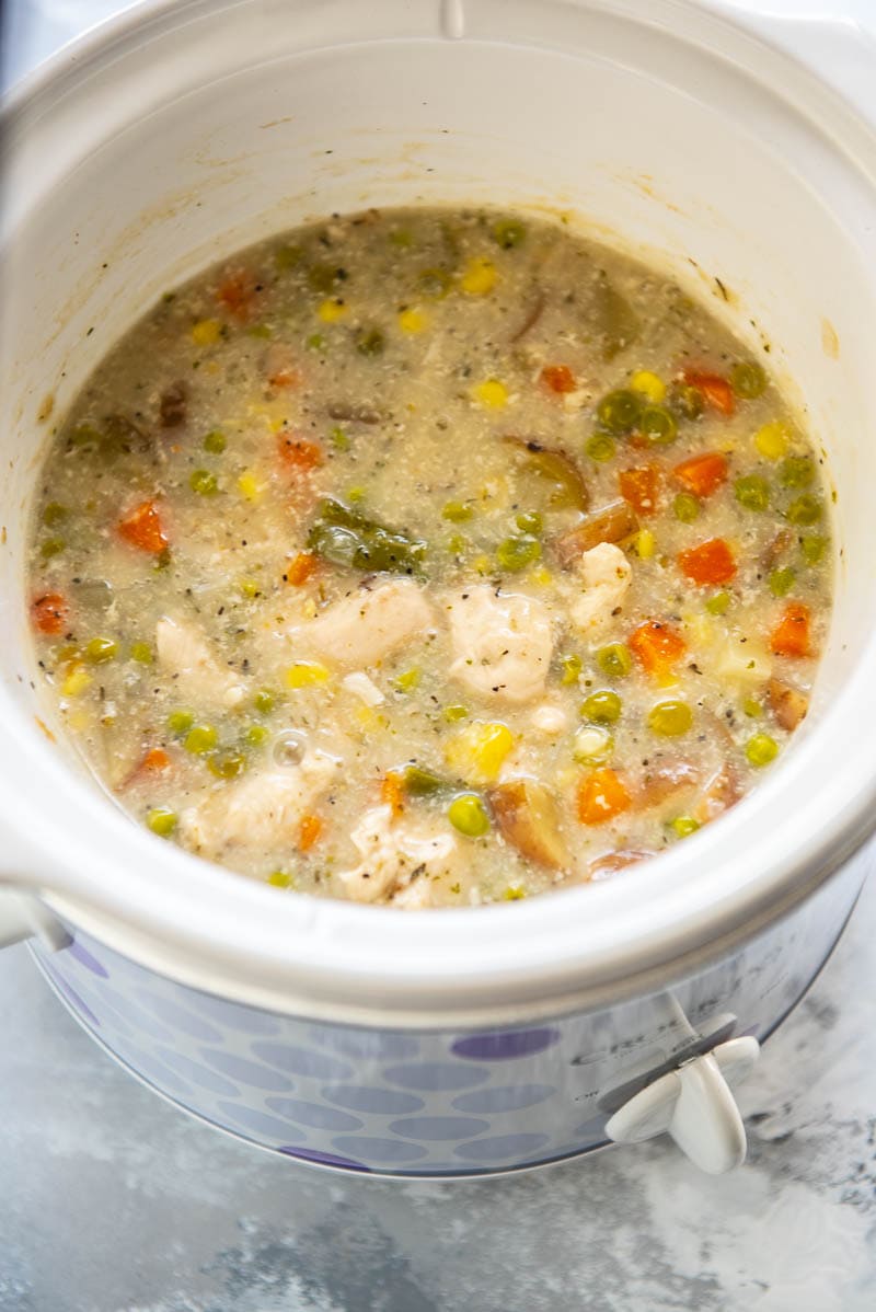 chicken pot pie soup in a slow cooker
