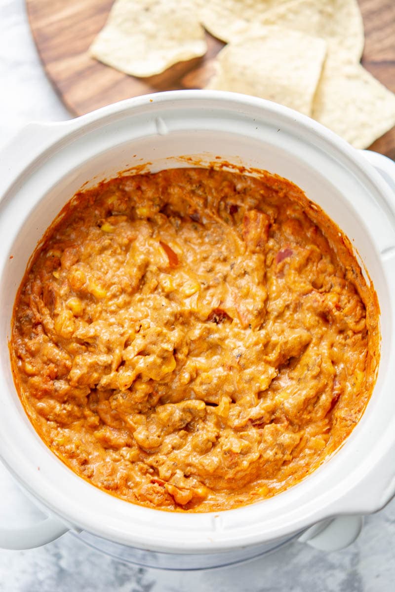 cooked chili cheese dip in a slow cooker