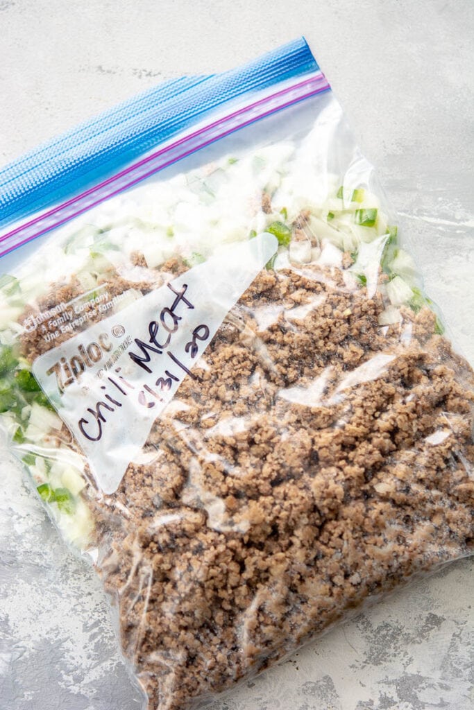 bag of ground beef with peppers and onions