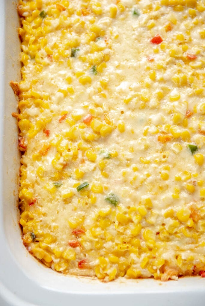 cheesy corn in white casserole slow cooker