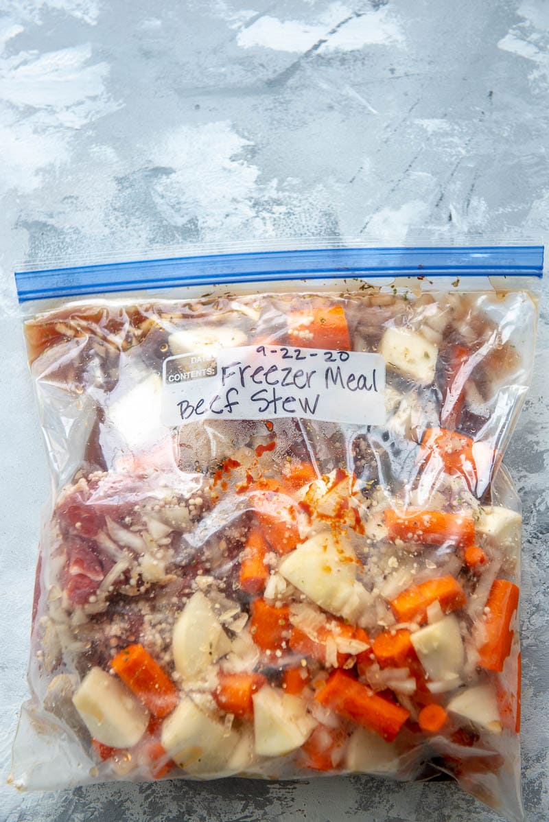 ingredients for freezer meal beef stew in bag