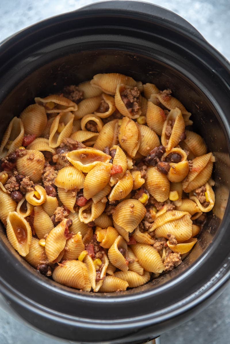 cooked taco pasta in a slow cooker