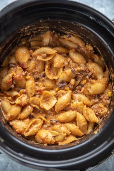 taco pasta in a black slow cooker