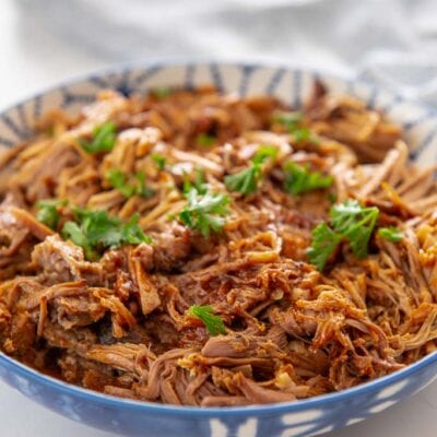 pulled pork in a blue bowl