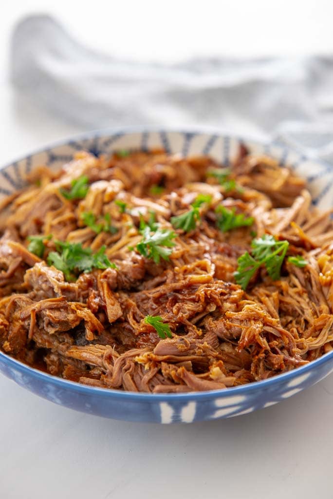 pulled pork in a blue bowl